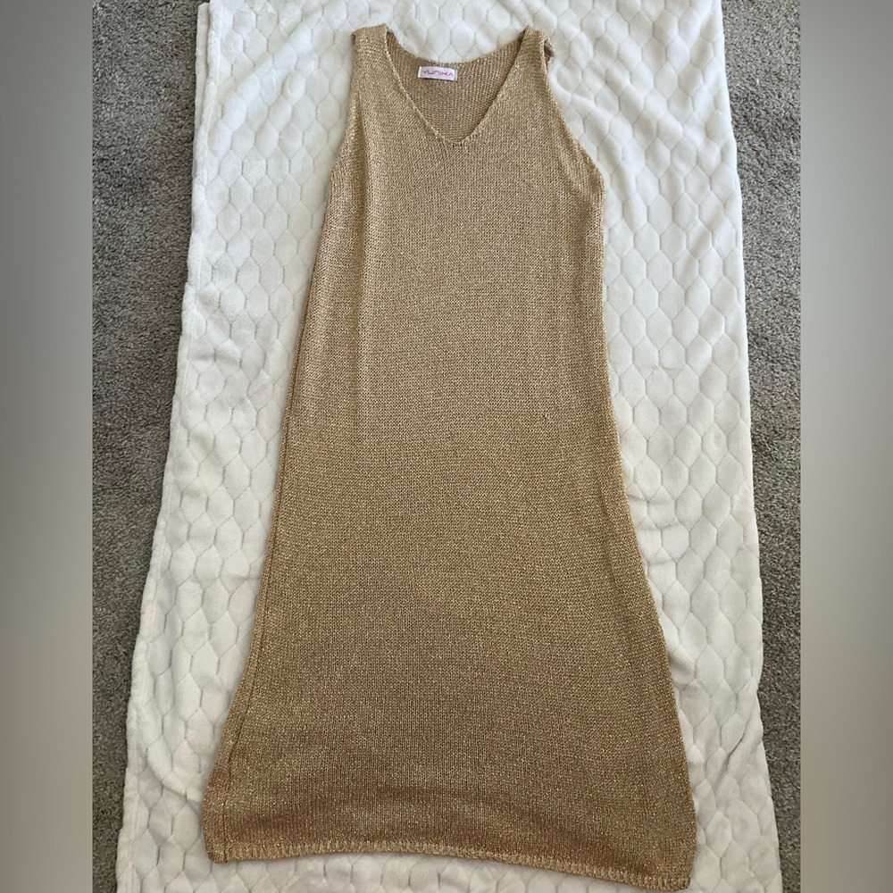 Sleeveless Metallic Sheer Midi Knit Dress - Gold Shimmer Coverup